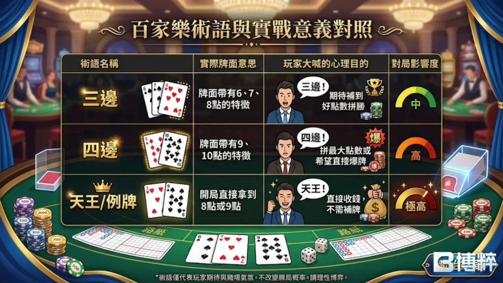 百家樂術語與實戰開牌對照圖，解析天生贏家、例牌與常見百家樂打法特殊稱呼。