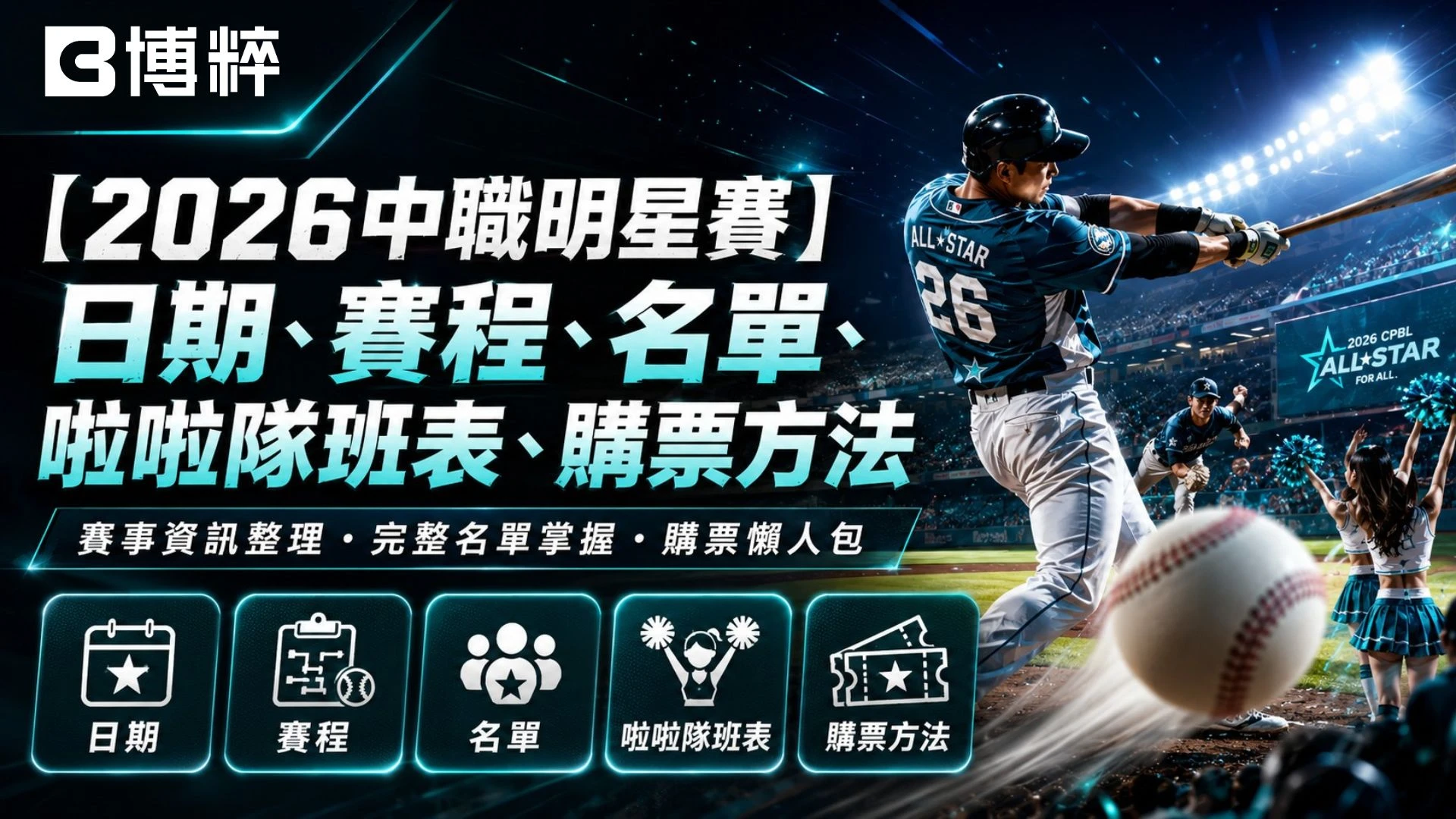 2026中職明星賽特輯封面，展示中華職棒強打者在大巨蛋揮棒出擊與啦啦隊女孩熱情應援畫面，下方羅列賽程、名單、啦啦隊、購票等四大功能按鈕。