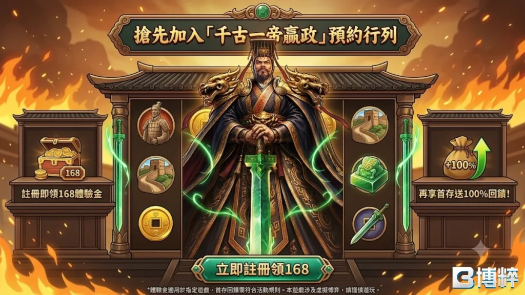 千古一帝贏政試玩免費體驗手冊，提供免儲值、高額體驗金、一鍵領取優惠進入千古一帝贏政的流程圖。