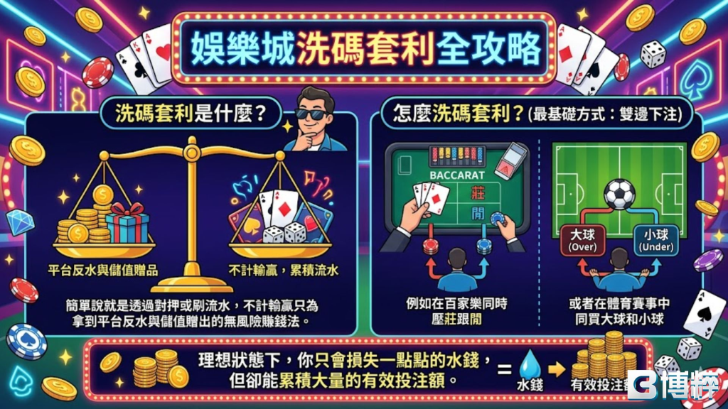 娛樂城洗碼套利全攻略圖表，對比真人百家樂洗碼套利是什麼與體育單場賽事兩邊對打下注禁區。