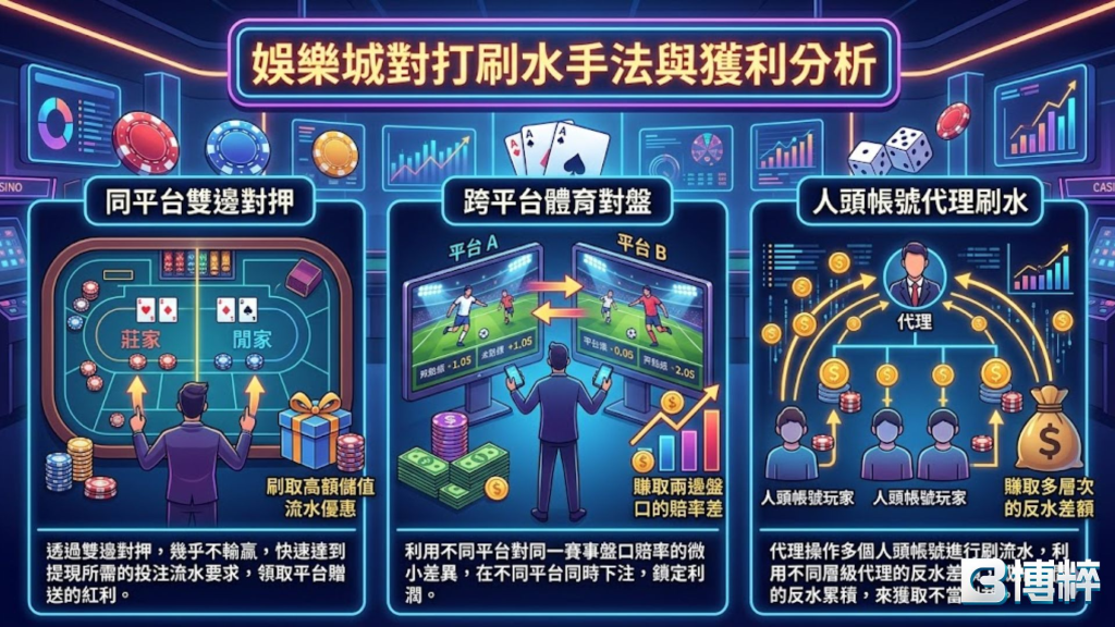 娛樂城對打刷水手法與黑幕套利分析圖，拆解同平台雙邊對押、跨平台套利與人頭帳號群控洗碼的期望值陷阱。