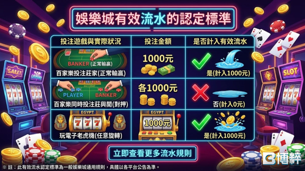 娛樂城有效流水認定標準表格，橫向對比百家樂正常雙邊、對打無效流水與電子老虎機的水錢退水認定。