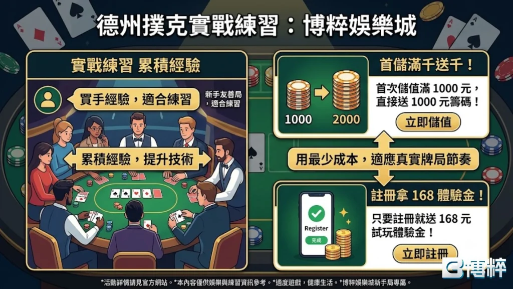 博粹娛樂城德州撲克實戰練習專區，展示全新會員福利、免下載線上德州撲克與1倍超低流水限制。
